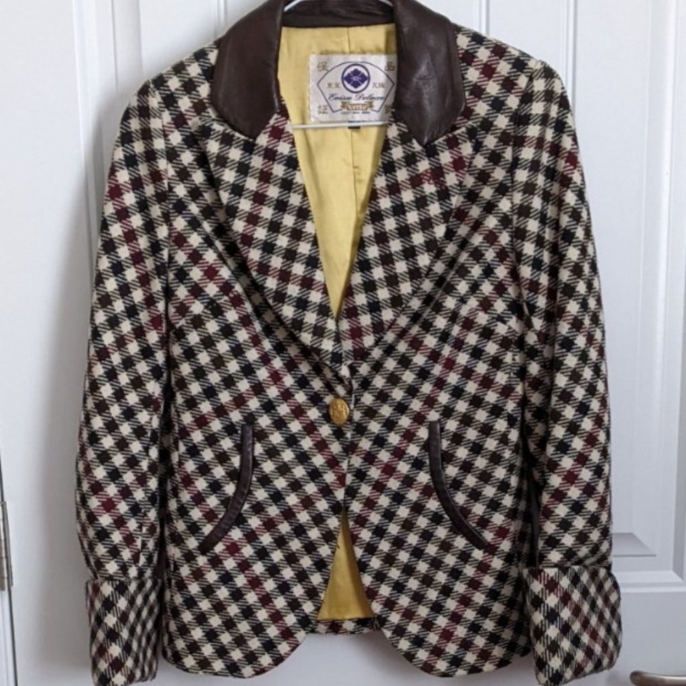 EUC Evisu Plaid Blazer with leather trim